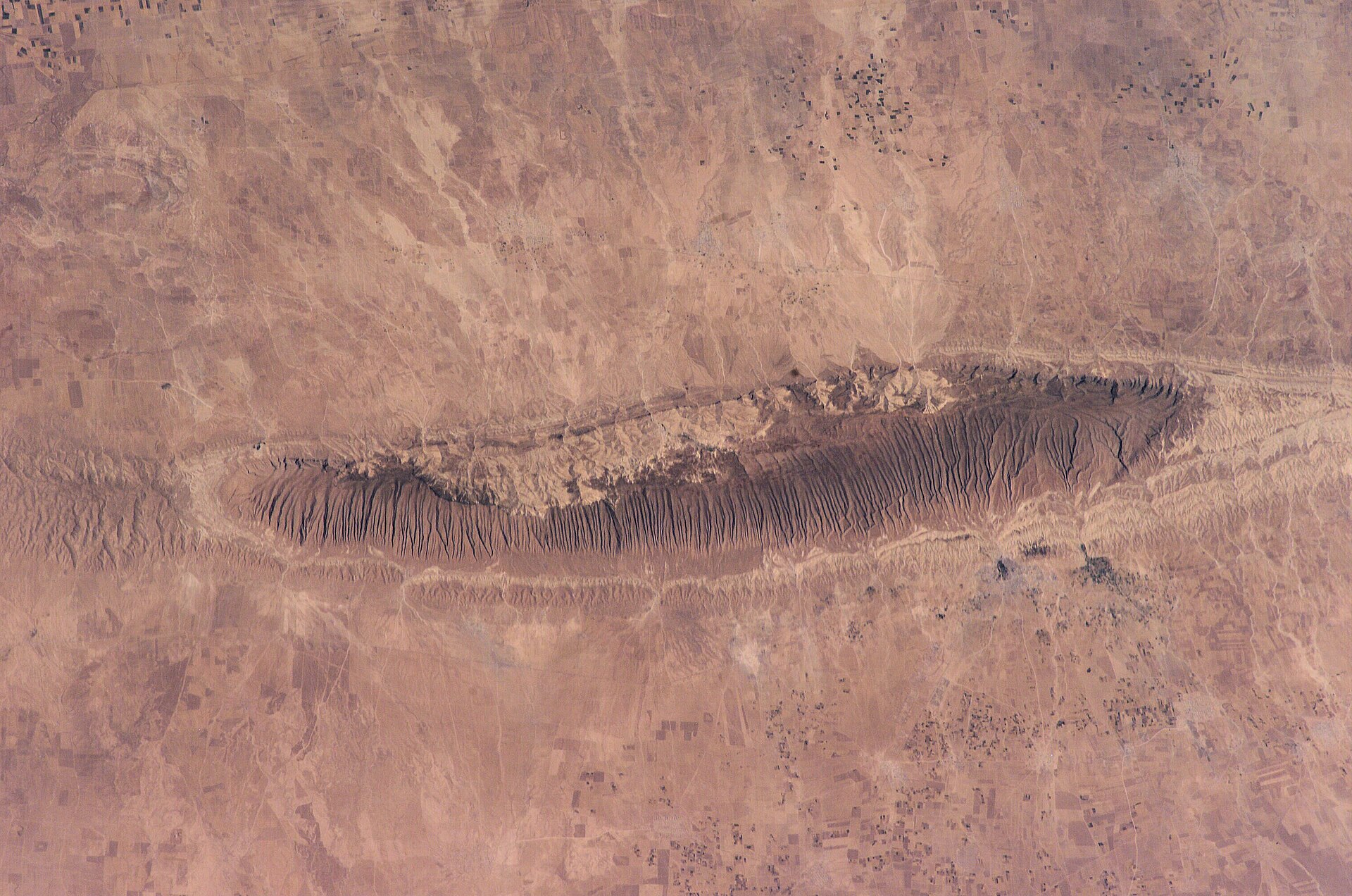 The long ridge of the Sinjar Anticline rising abruptly from the Jazira plain, showing the asymmetric fold profile and dipping limestone beds.